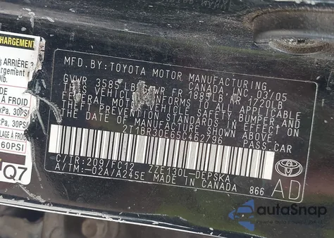 2005 Toyota Corolla S from USA, damaged, VIN 2T1BR30E65C462796